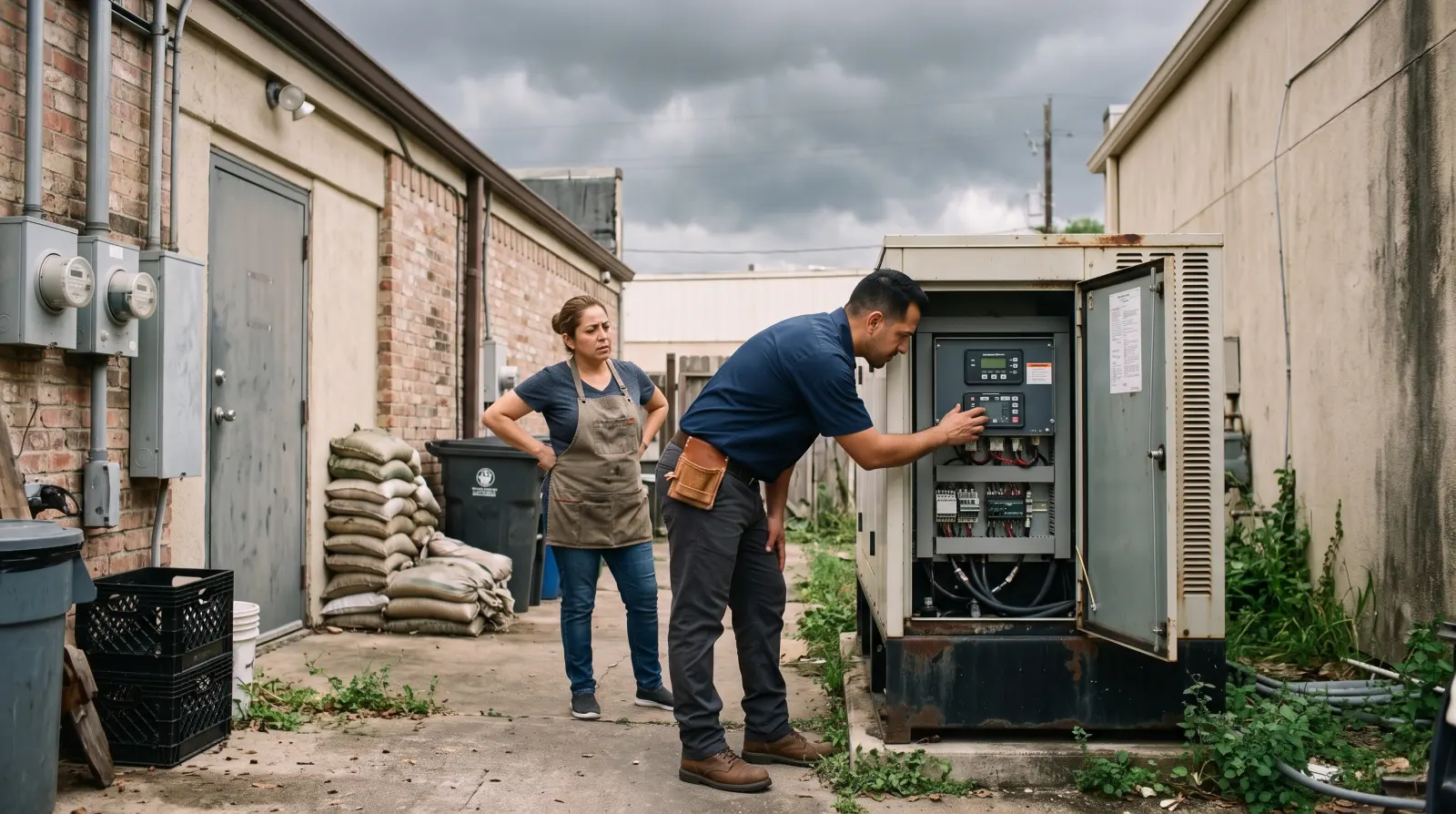 An electrician checks a restaurant's standby generator before a storm while the owner watches
