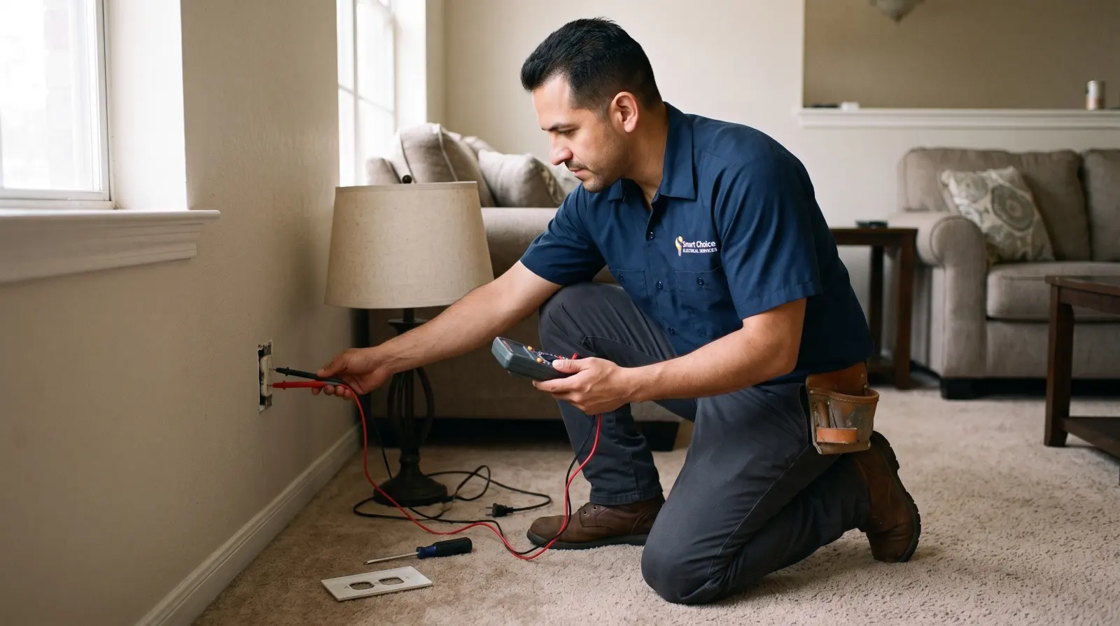 An electrician tests a living room outlet with a multimeter