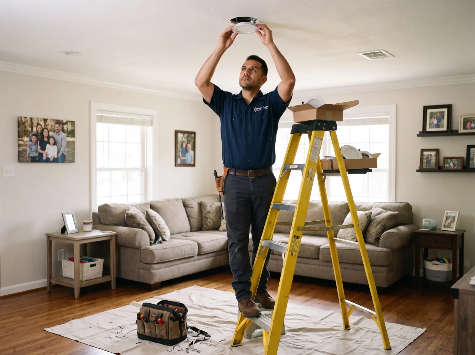 An electrician on a stepladder installs a recessed LED light in a living room ceiling