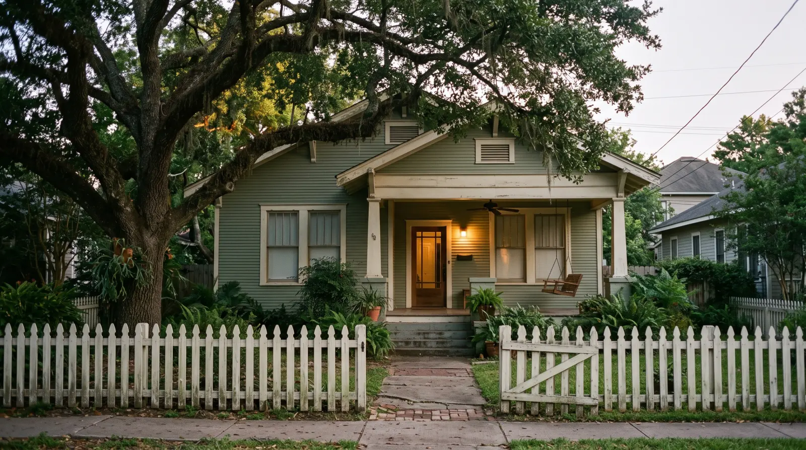 A restored bungalow in the Houston Heights with its porch light on at dusk
