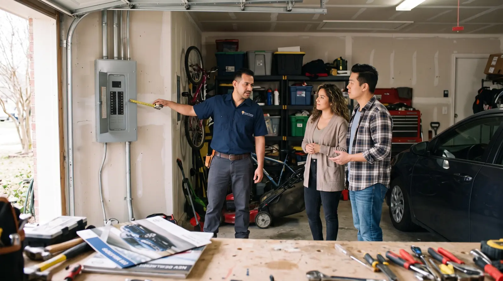 An electrician shows a couple where an EV charger will go on their garage wall