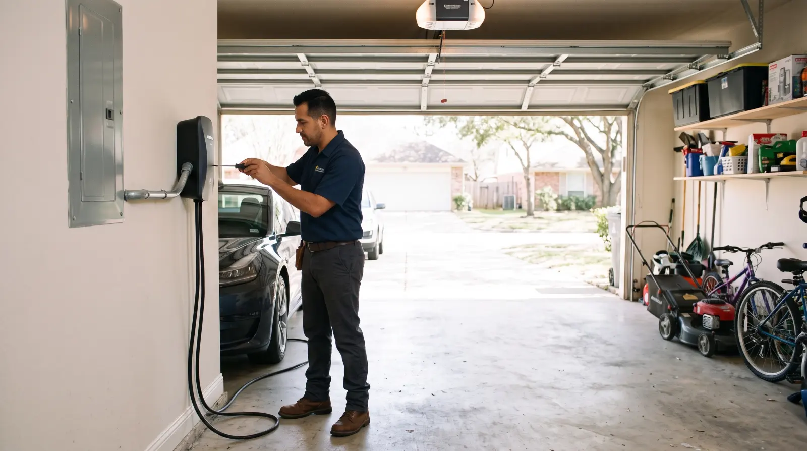 An electrician finishes mounting a Level 2 EV charger on a garage wall beside an electric car