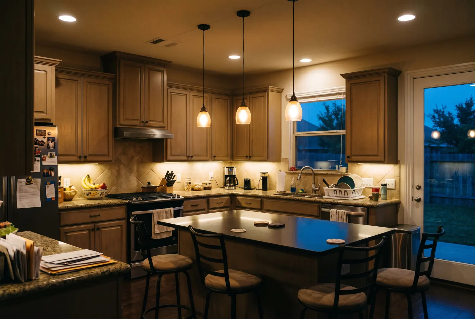 A Houston kitchen at dusk with new pendant, recessed and under-cabinet lights