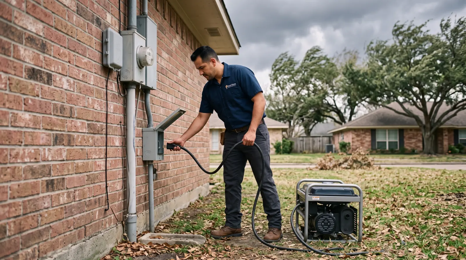 An electrician connects a portable generator to a new power inlet box next to the meter of a brick home