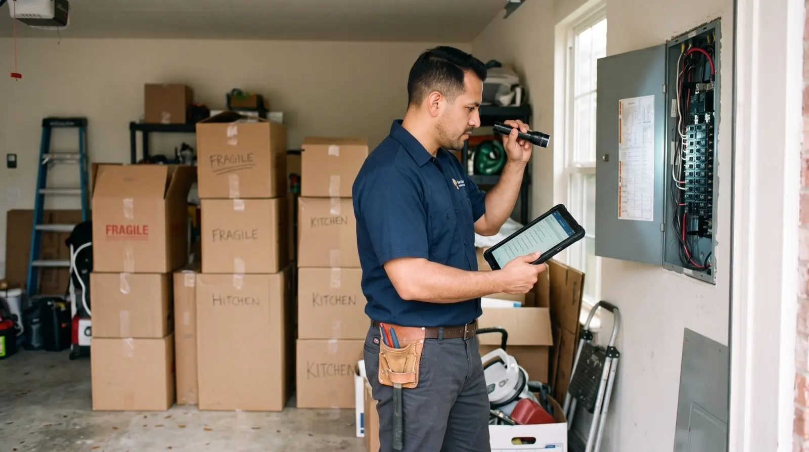 An electrician inspects a breaker panel with a flashlight and a checklist during a home purchase