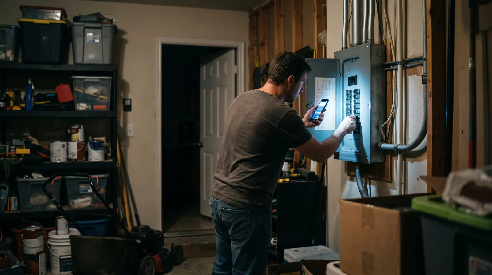 A homeowner resets a tripped breaker by phone flashlight in his garage at night