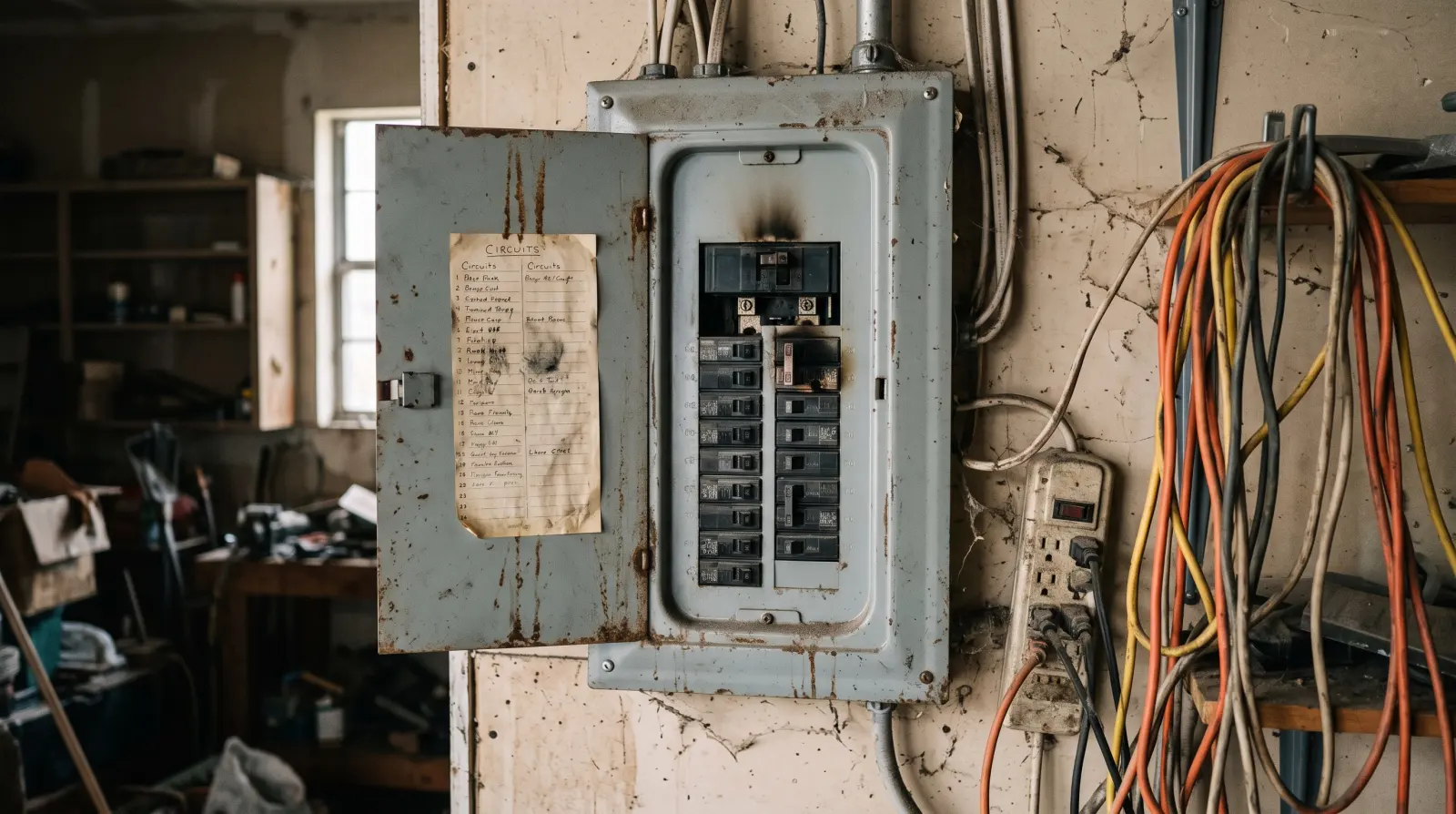 A rusted, outdated breaker panel with a burn mark and daisy-chained power strips