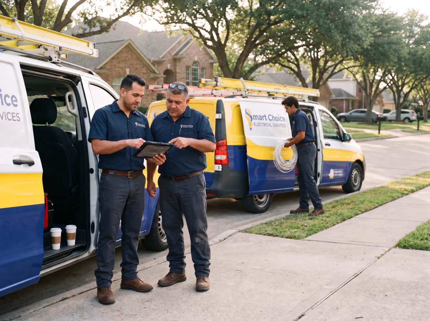 Two Smart Choice Electrical technicians review the day's work orders on a tablet beside the company vans while a third unloads cable on a Houston residential street