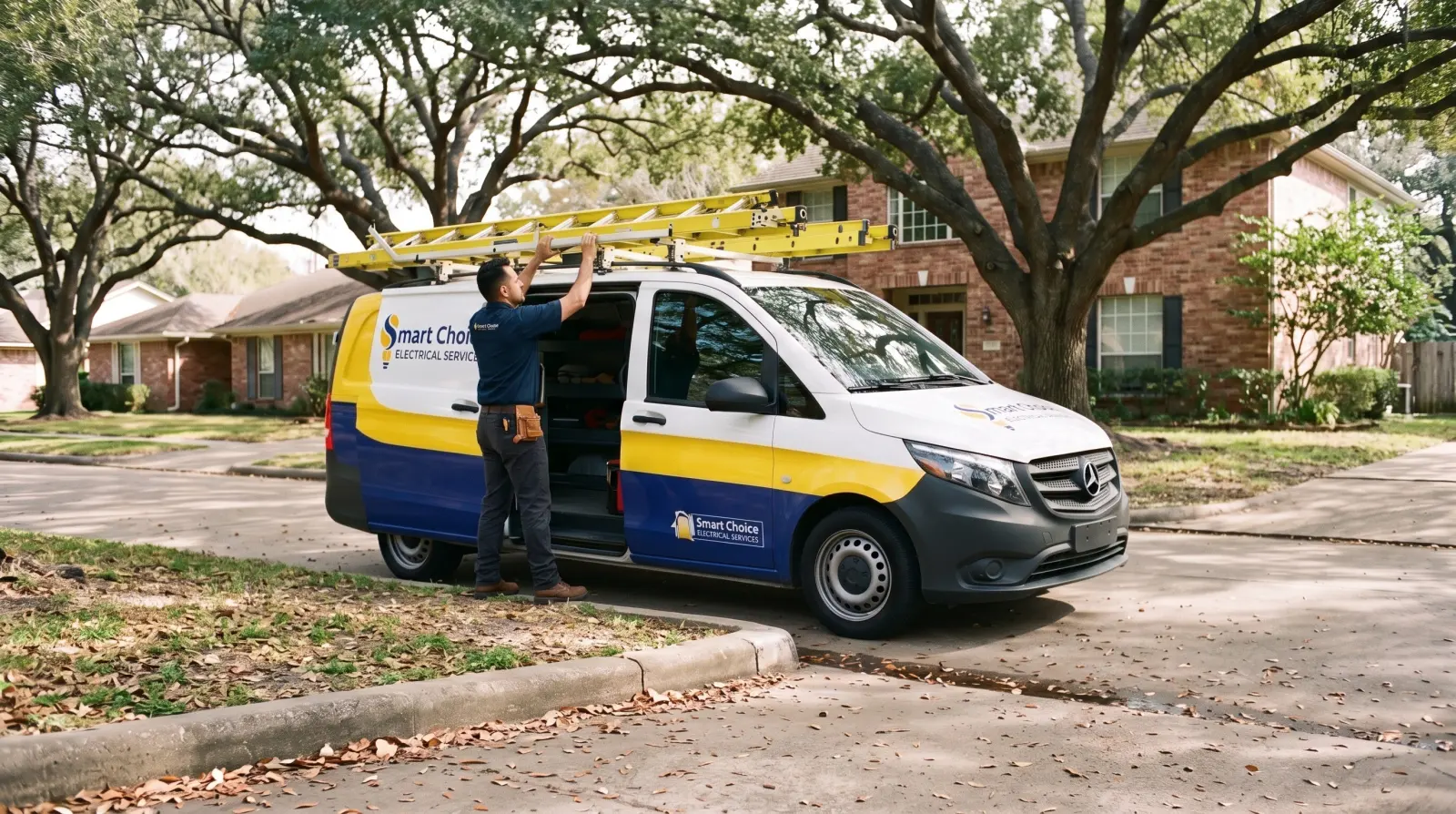 The Smart Choice Electrical van parked in front of a brick home while the electrician unloads a ladder