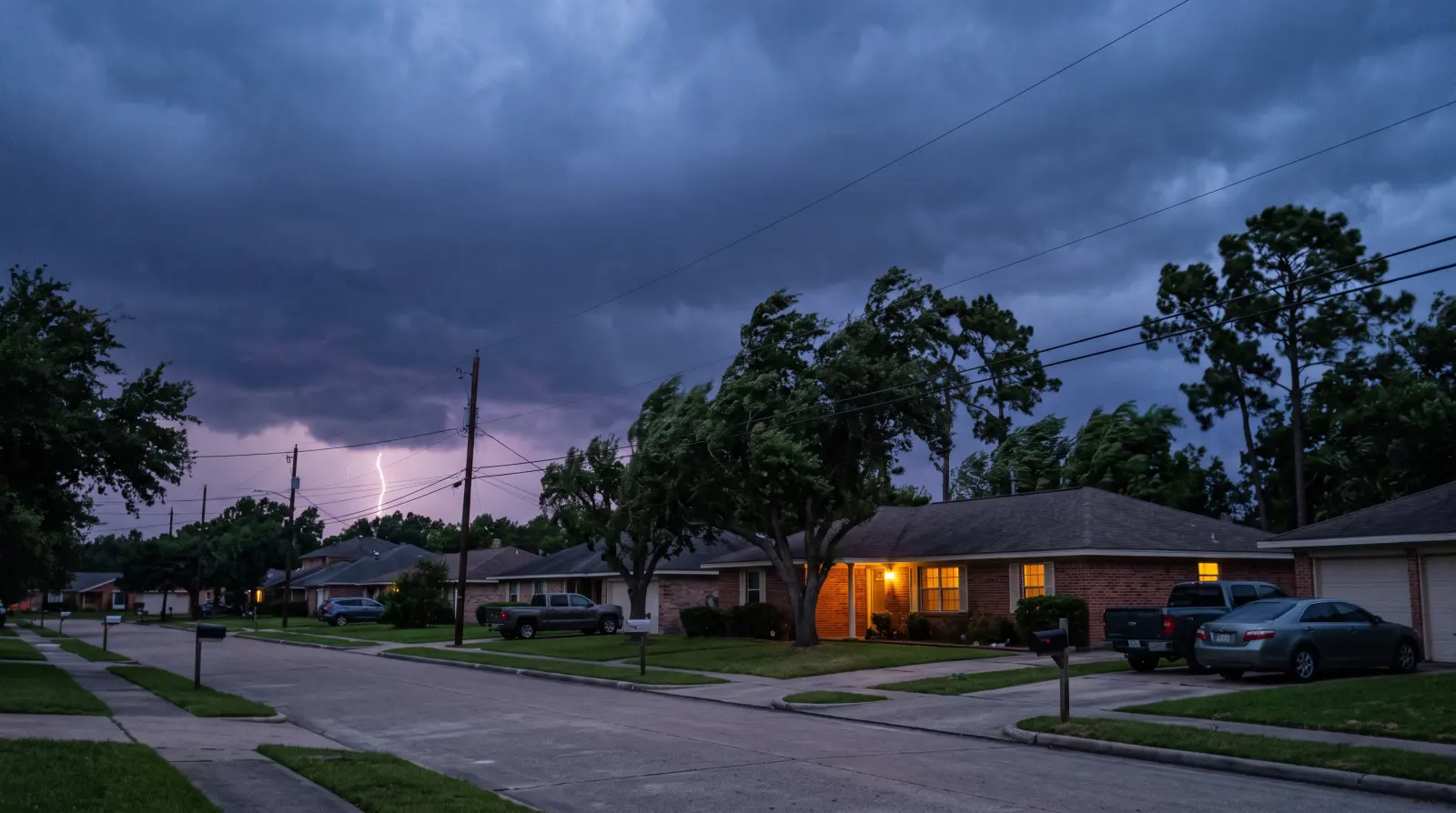 Lightning over a Houston neighborhood at dusk as a thunderstorm moves in